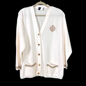Beldoch Popper Cardigan Women 1X Crest Gold Button Cream V-Neck Vintage 90s Knit
